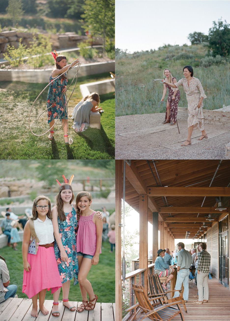 Children wearing cowboy and Indian costumes play horseshoes at High West Distillery Ranch Rehearsal Dinner