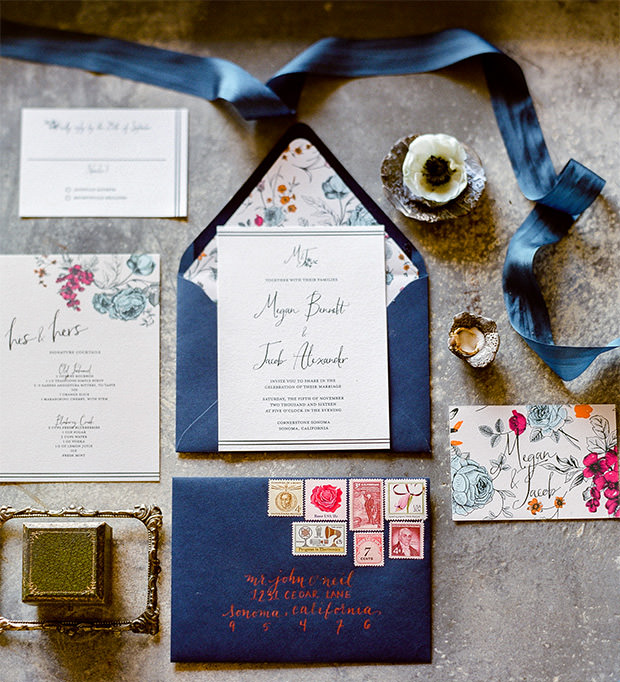 Navy invitation suite with vintage stamps at Chateau Sonoma with A Savvy Event Sonoma