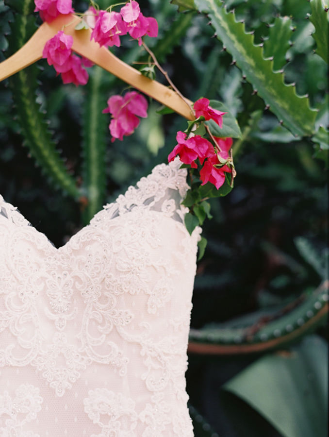 A lace wedding dress hangs from a cactus plant at the Rockhouse Hotel in Negril, Jamaica
