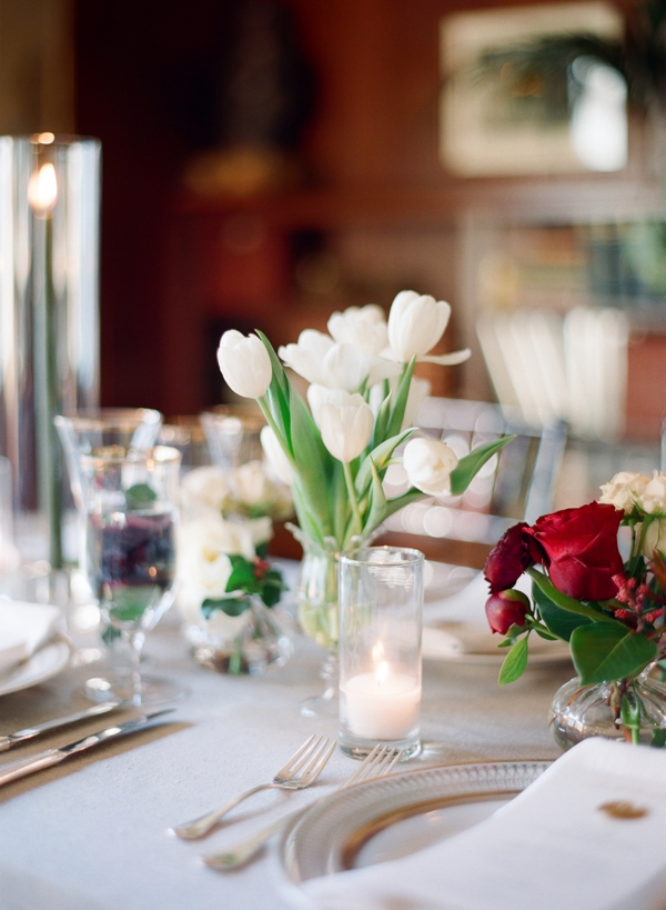 Tulips accent an intimate city wedding's reception tablescape in San Francisco.