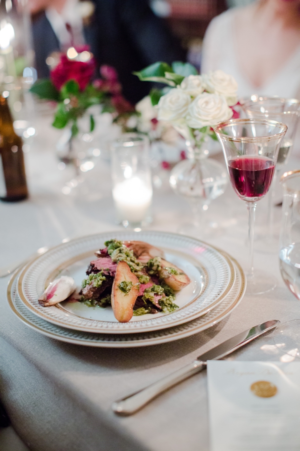 A plated dinner for a wedding guest at an intimate wedding reception in San Francisco.