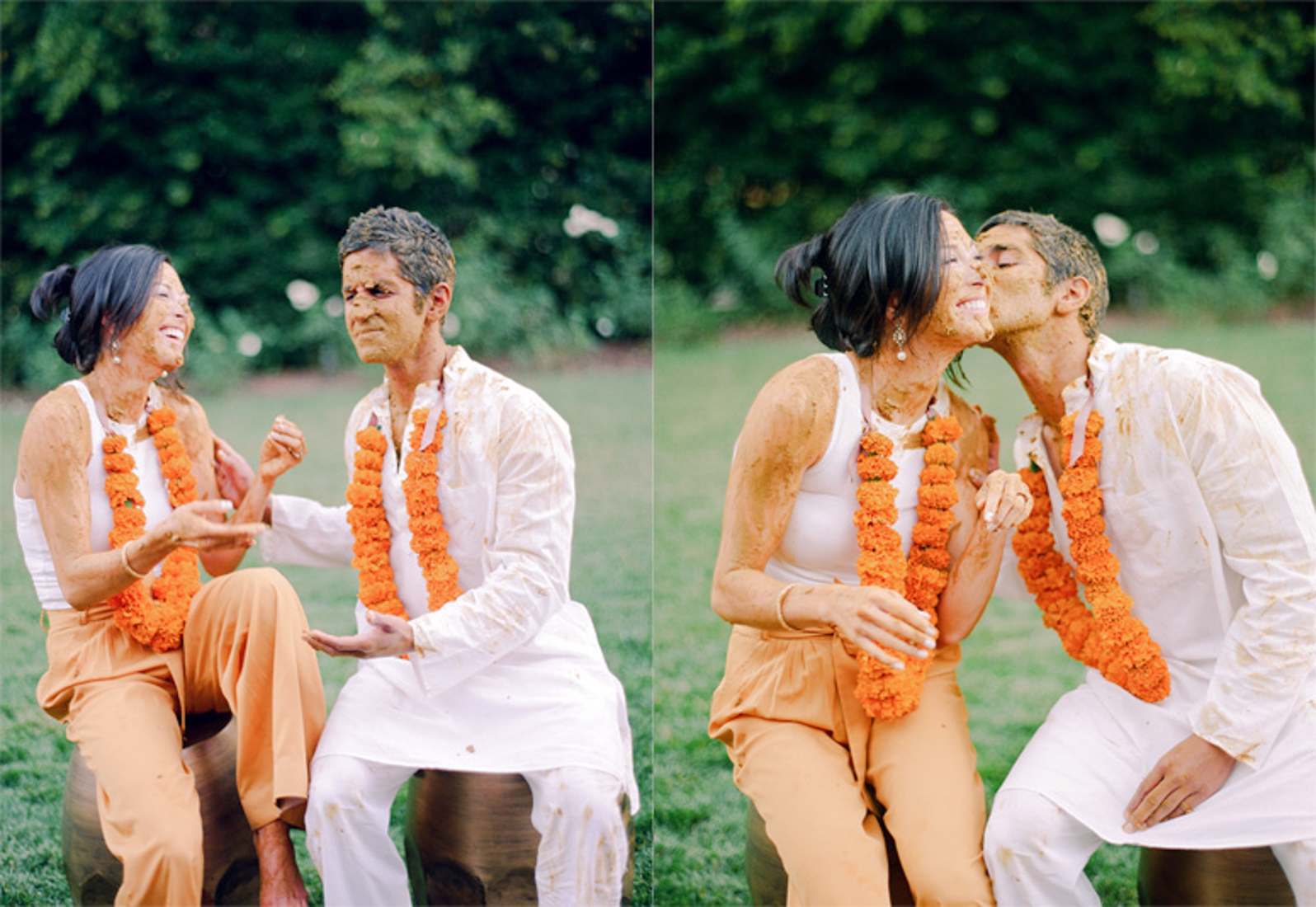 A bride and groom play and kiss smeared with turmeric paste during their haldi ceremony in St Helena, California. 