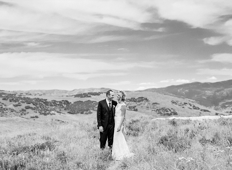 Wide sweeping view of a bride and groom standing together in the Park City, UT mountains.