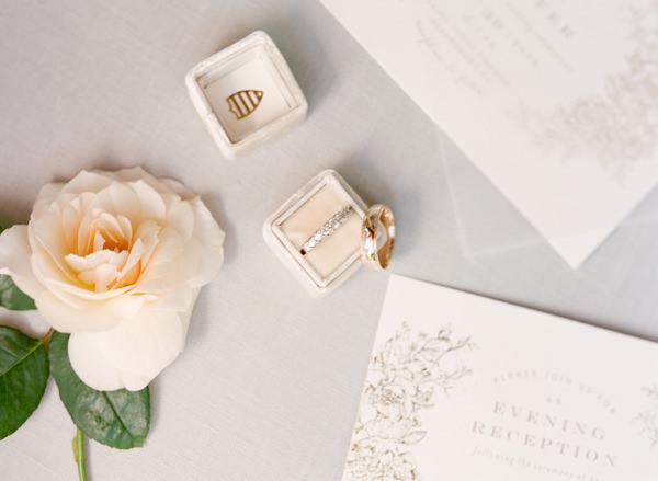 Wedding rings in Mrs Boxes with invitations 