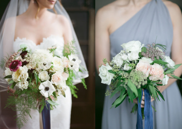 Crop of bride holding anemone and ranunculus old forest farm bouquet and bridesmaid holding a cream and pink bouquet